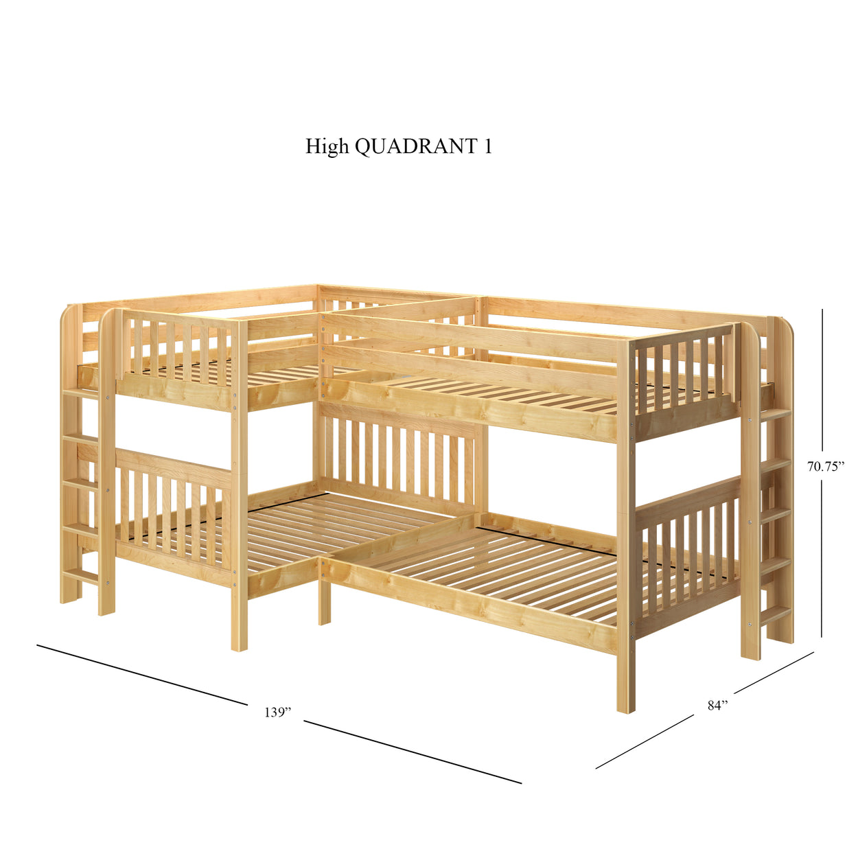 Four-person wooden quad bunk bed with ladders and dimensions 139 inches long, 84 inches wide, and 70.75 inches tall, ideal for maximizing space in shared bedrooms.
