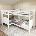 White wooden twin-over-twin bunk bed with ladder in a cozy neutral kids' bedroom, patterned quilts and green throw pillows, space-saving corner layout