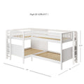 White wooden L-shaped triple bunk bed with guardrails, built-in ladders and slatted wood mattress supports, 139" x 84" footprint and 70.75" height