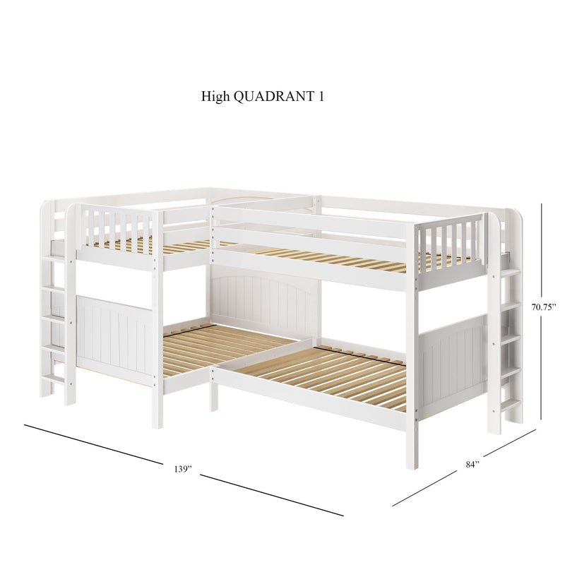 White wooden L-shaped triple bunk bed with guardrails, built-in ladders and slatted wood mattress supports, 139" x 84" footprint and 70.75" height