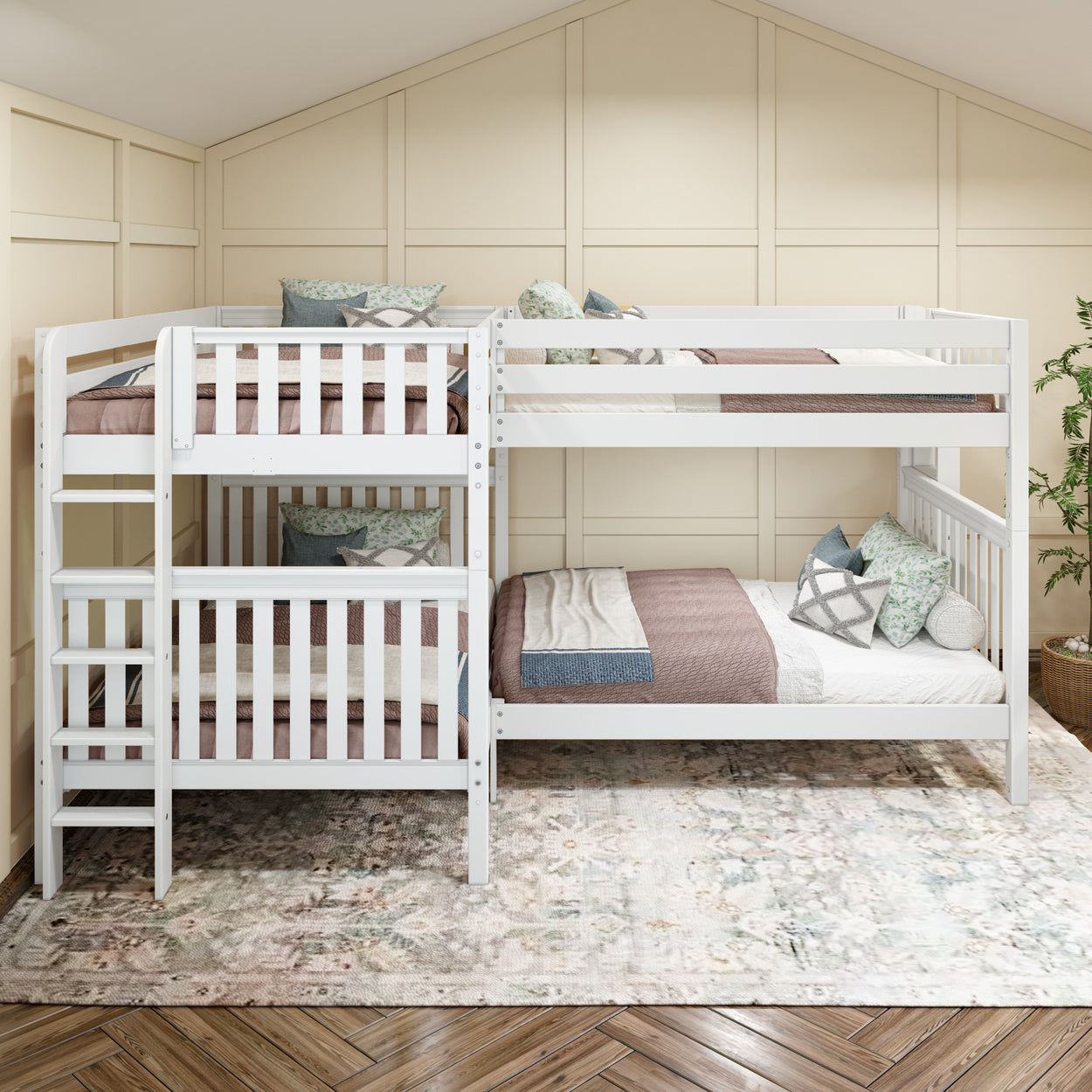 White wooden triple bunk bed with comfortable bedding and decorative pillows in a spacious bedroom with beige wall paneling.