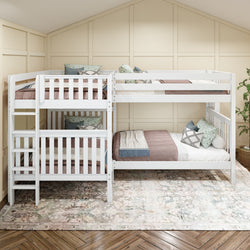 White wooden triple bunk bed with comfortable bedding and decorative pillows in a spacious bedroom with beige wall paneling.