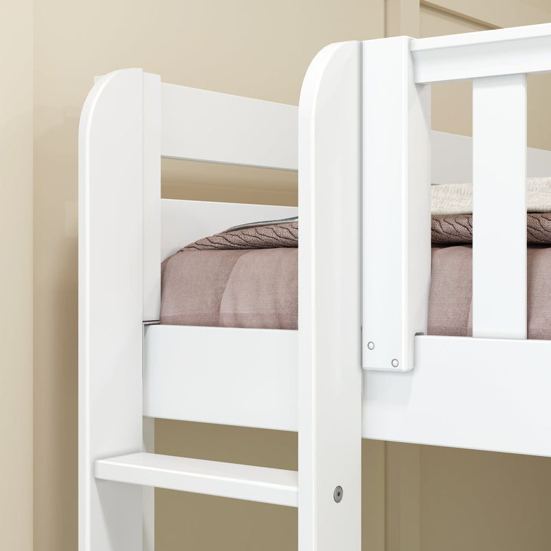 Close-up of white wooden bunk bed ladder and safety guardrail with beige bedding in a modern children's bedroom