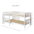 White wooden L-shaped triple bunk bed with ladders and slatted mattress platforms, space-saving loft design, 139 in x 84 in footprint and 70.75 in height