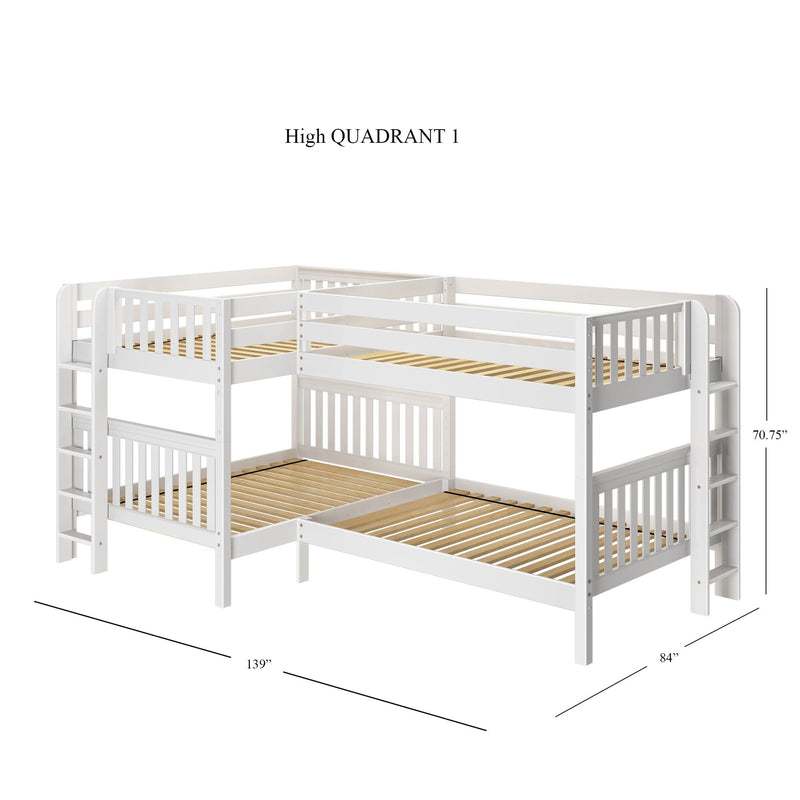 White wooden L-shaped triple bunk bed with ladders and slatted mattress platforms, space-saving loft design, 139 in x 84 in footprint and 70.75 in height