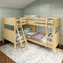 Natural solid wood twin-over-twin bunk bed with ladder in a children's room featuring sage green paneled wall and neutral bedding