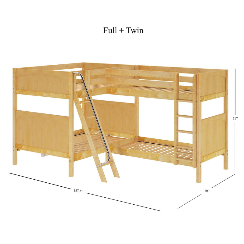 Natural solid pine L-shaped full-over-twin bunk bed with ladder, guardrails and slatted platforms, space-saving corner design (137.5″ x 80″ x 71″)