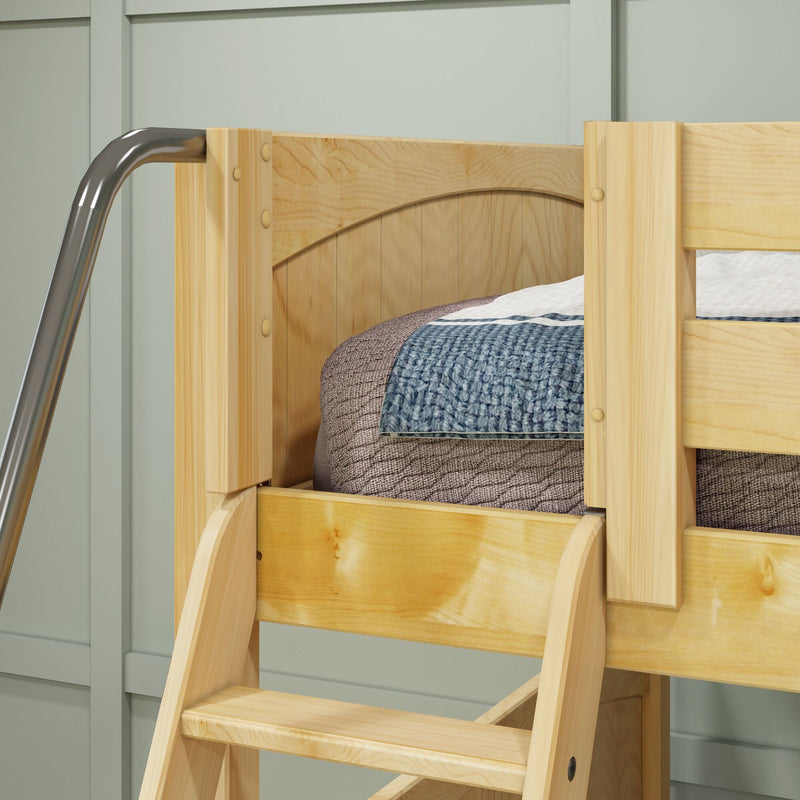 Close-up of wooden bunk bed ladder with metal safety rail, blue knitted blanket and gray mattress against a light green paneled wall