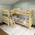 Natural pine wooden L-shaped bunk bed with ladder and guardrails in cozy kids' bedroom with sage green paneled walls, layered bedding and decorative pillows