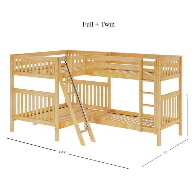 QUADRANT NS : Multiple Bunk Beds Full + Twin High Corner Bunk Bed with Angled and Straight Ladder, Slat, Natural