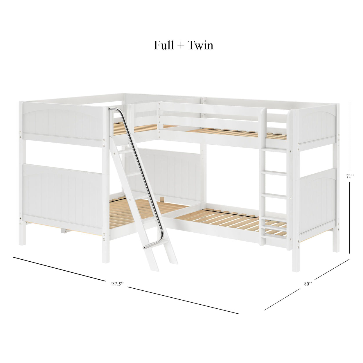 White L-shaped full and twin bunk bed with slide, dimensions 137.5" x 80" x 71", perfect for kids' bedroom space-saving solutions.