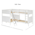 White wooden L-shaped loft bunk bed in full + twin configuration with ladder, safety rails and slatted mattress supports, 137.5 x 80 x 71 inches