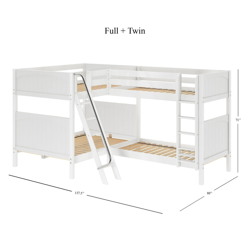 White wooden L-shaped loft bunk bed in full + twin configuration with ladder, safety rails and slatted mattress supports, 137.5 x 80 x 71 inches