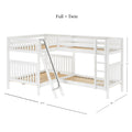White wooden L-shaped bunk bed (Full + Twin) with slatted mattress bases, angled ladder with chrome handrail, safety guardrails, space-saving kids' loft design — 137.5″ L x 80″ W x 71″ H