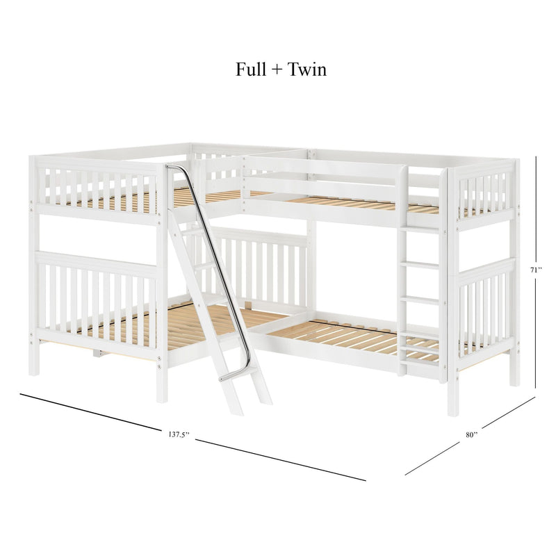 White wooden L-shaped bunk bed (Full + Twin) with slatted mattress bases, angled ladder with chrome handrail, safety guardrails, space-saving kids' loft design — 137.5″ L x 80″ W x 71″ H