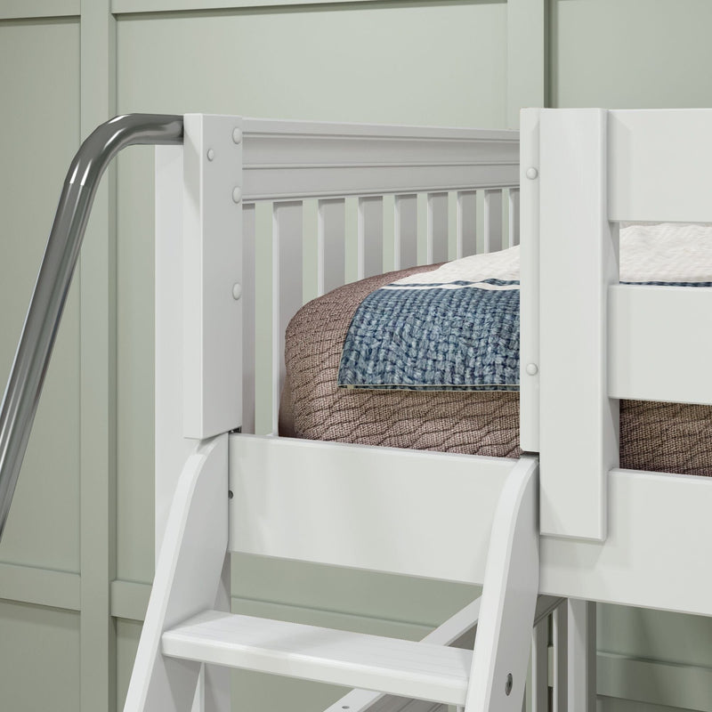 White wooden bunk bed ladder and guardrail with metal handrail, close-up of mattress and blue knitted blanket against green paneled wall