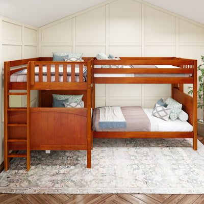 Wooden L-shaped bunk bed in a cozy bedroom with decorative pillows and a modern rug.