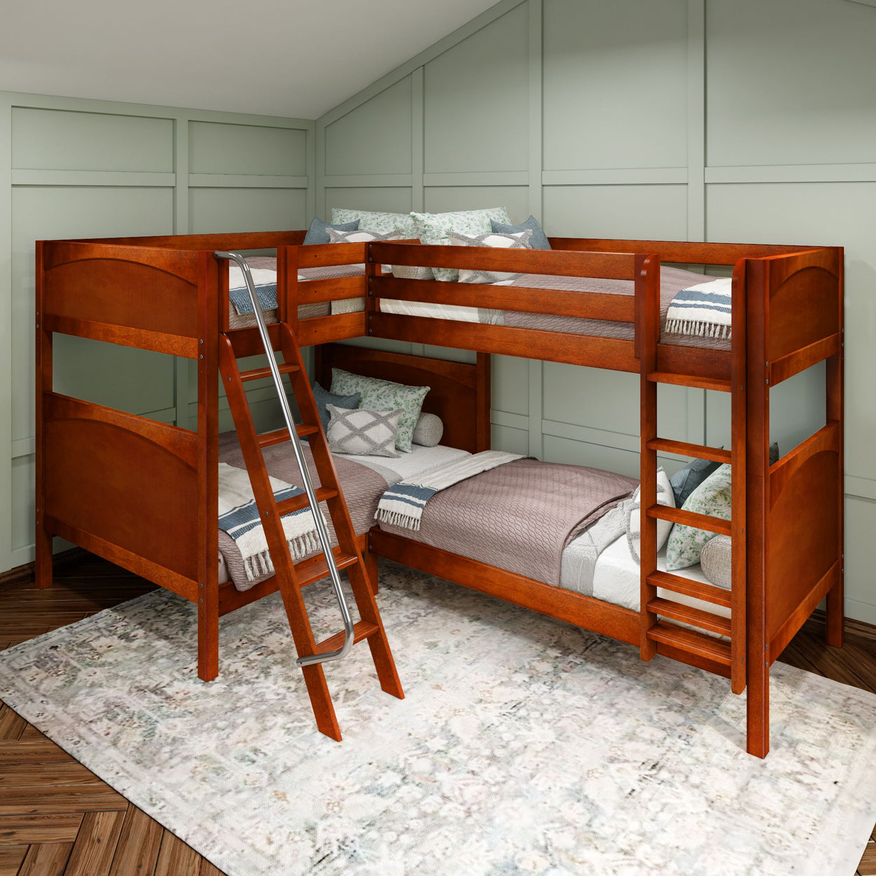 L-shaped wooden bunk bed with ladder and bedding in a modern bedroom.