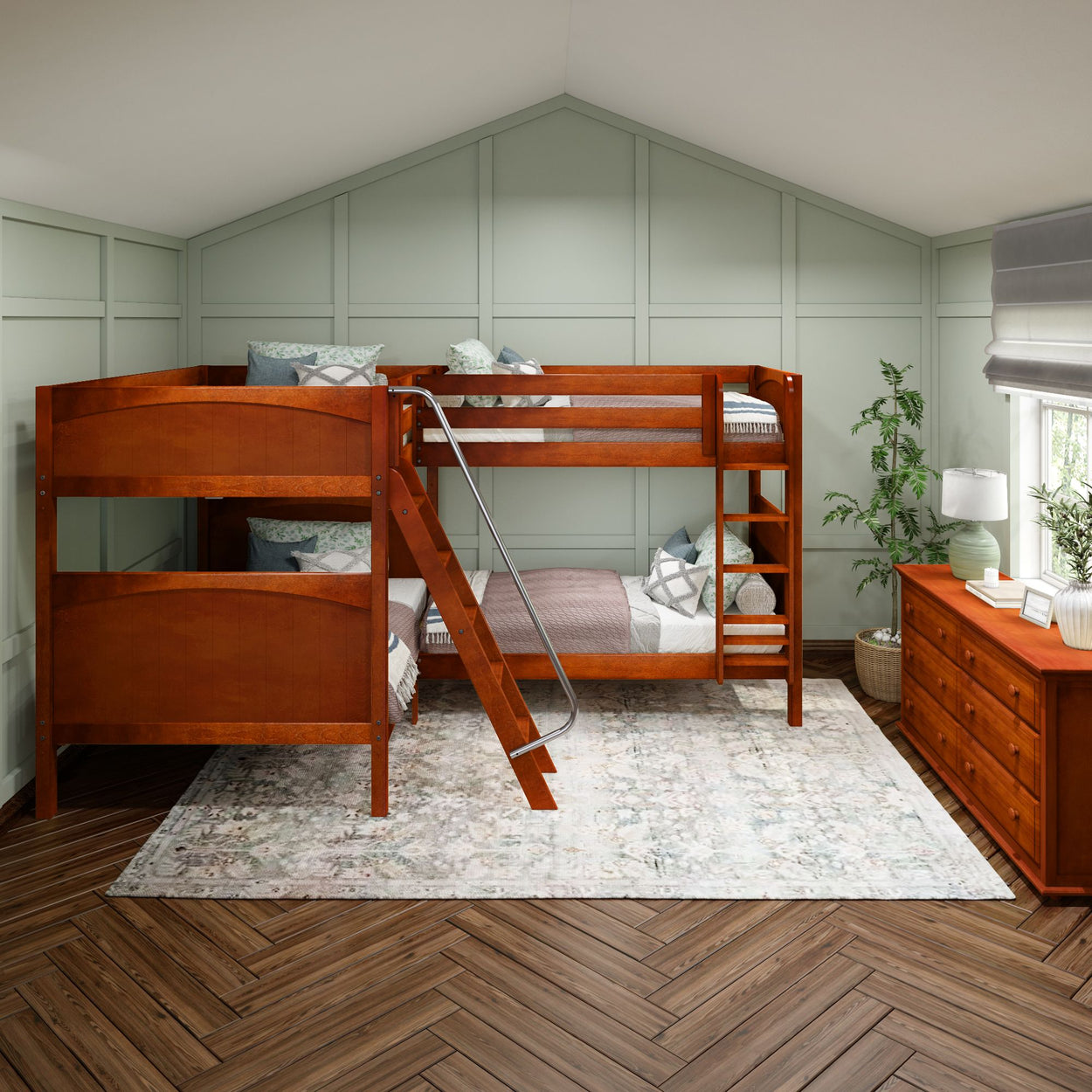 Wooden bunk bed in a modern bedroom with mint green walls and herringbone flooring.