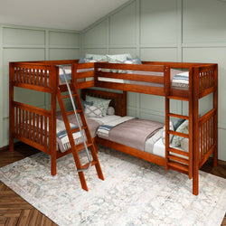 Wooden L-shaped bunk bed with built-in ladder in a modern bedroom setting.
