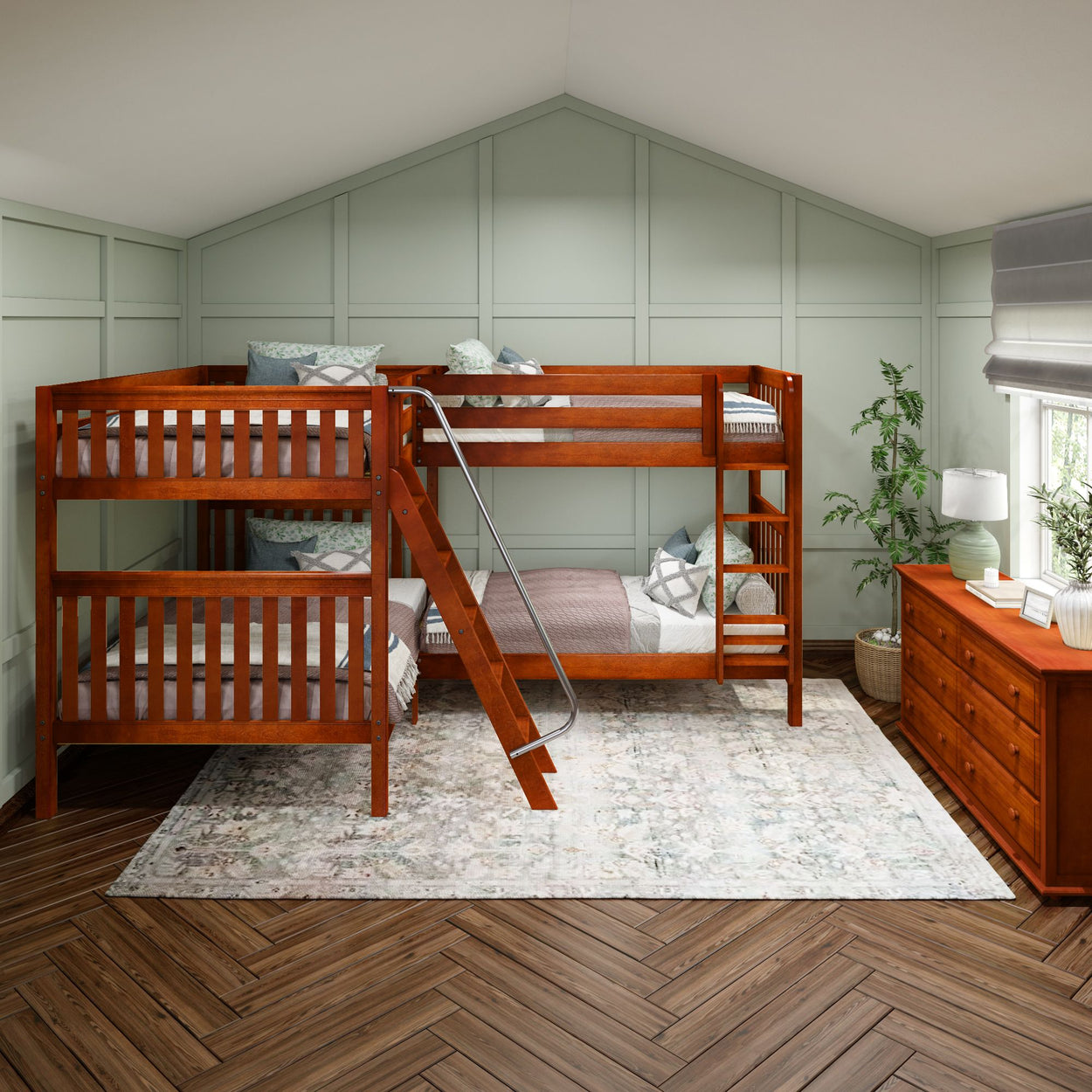Stylish wooden bunk bed in a serene bedroom with green walls and hardwood floors.