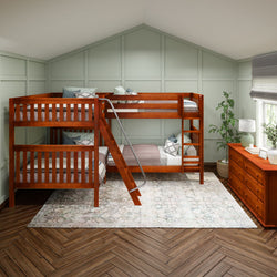 Stylish wooden bunk bed in a serene bedroom with green walls and hardwood floors.