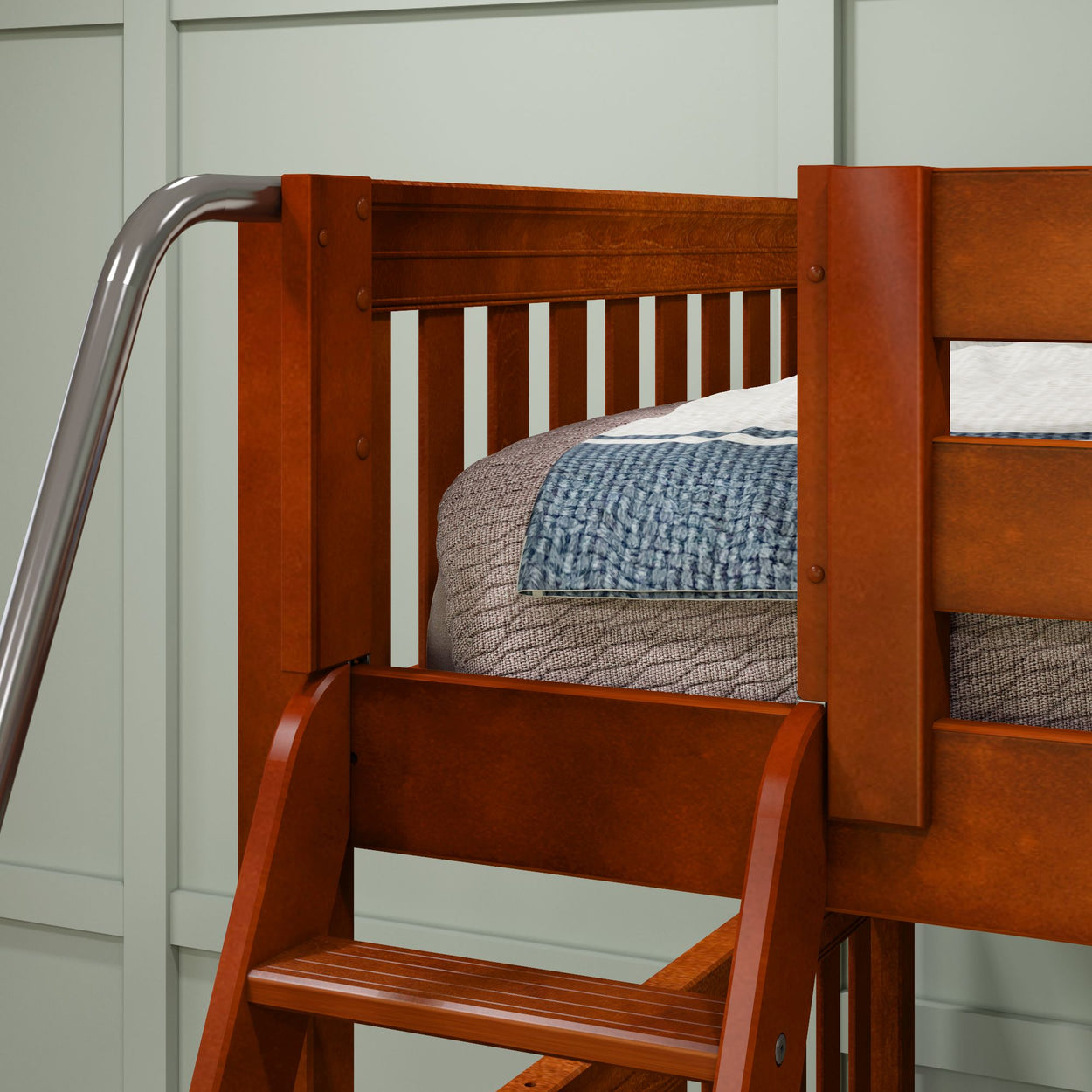 Wooden bunk bed with ladder and cozy bedding in a modern bedroom setting.