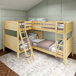 Wooden bunk bed with ladder in cozy bedroom setting.