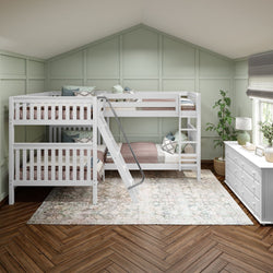 Three-tier white bunk bed in modern bedroom with green walls and wooden flooring.