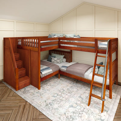 QUADRIVIAL XL CS : Multiple Bunk Beds Queen High Corner Bunk Bed with Ladder + Stairs - L, Chestnut