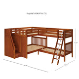 QUADRIVIAL XL CS : Multiple Bunk Beds Queen High Corner Bunk Bed with Ladder + Stairs - L, Chestnut