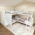 White L-shaped twin-over-twin bunk bed with staircase storage and ladder in a neutral kids' bedroom with cozy bedding, throw pillows, hardwood floor and beige paneled walls