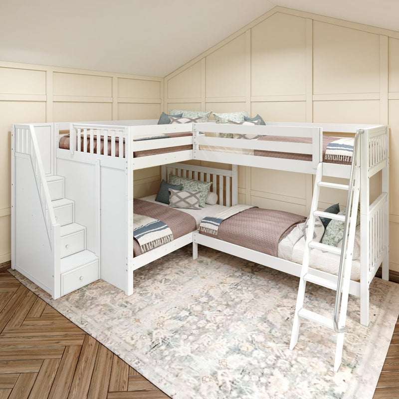 White L-shaped twin-over-twin bunk bed with staircase storage and ladder in a neutral kids' bedroom with cozy bedding, throw pillows, hardwood floor and beige paneled walls