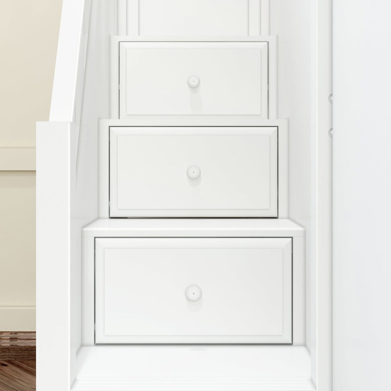 White built-in under-stair storage drawers with paneled fronts and round knobs, space-saving staircase cabinet solution