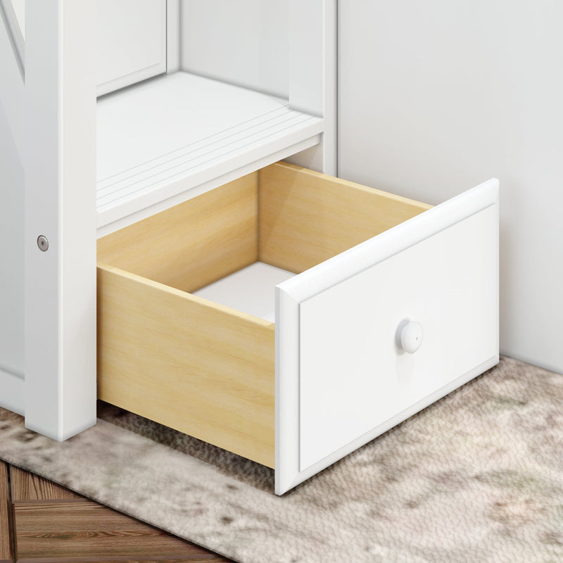 Open white dresser drawer showing natural wood interior and round white knob on soft beige rug, modern bedroom furniture