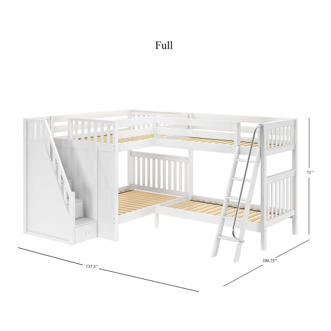 QUADRUPLE WS : Multiple Bunk Beds Full + Twin High Corner Bunk with Angled Ladder and Stairs on Left, Slat, White