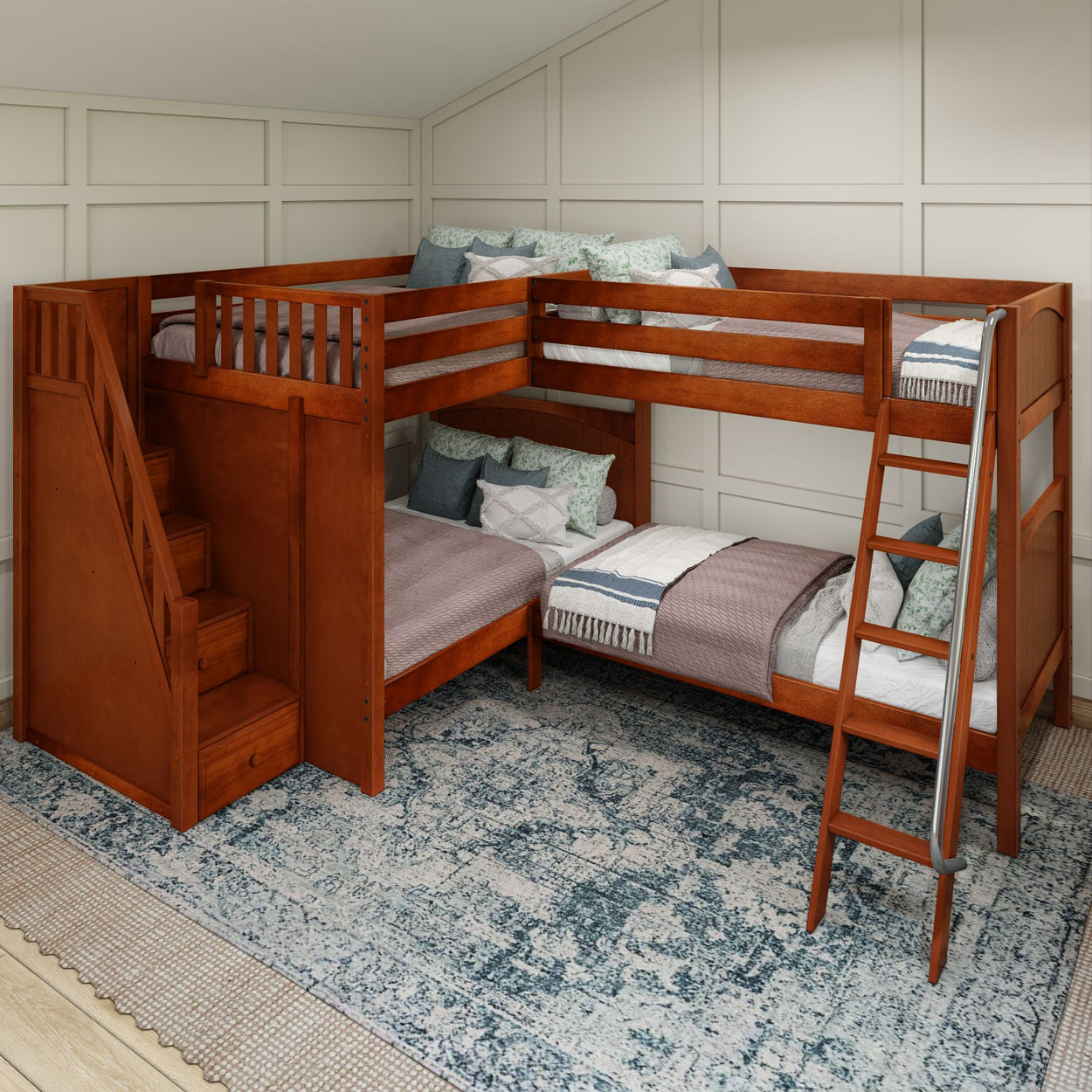 Children's L-shaped wooden bunk bed with stairs and ladder, featuring cozy bedding and decorative pillows in a modern bedroom setting.