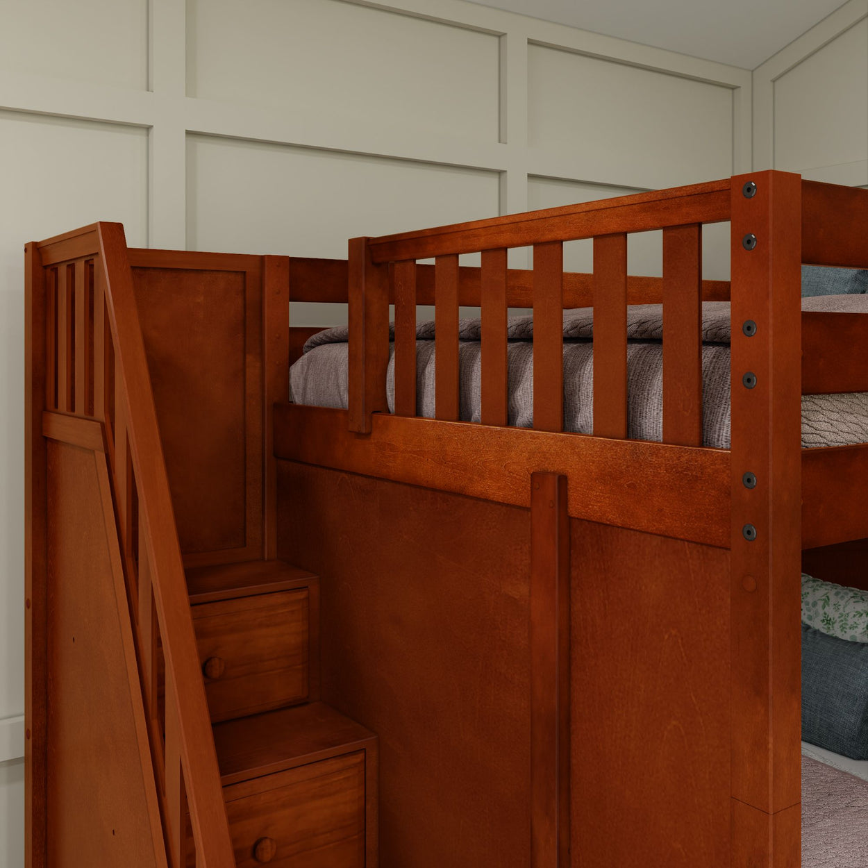 Wooden bunk bed with built-in storage stairs in a modern bedroom setting.