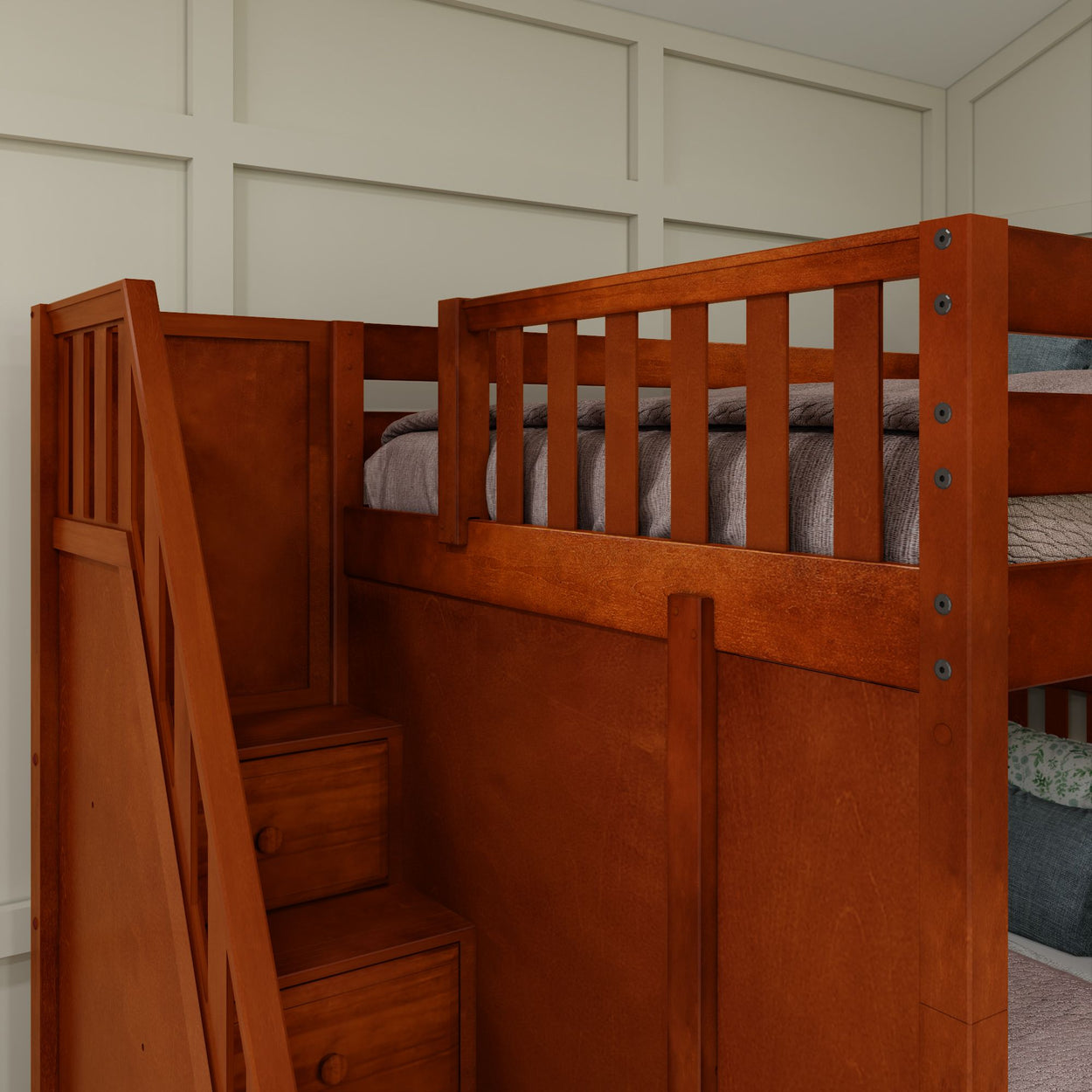 Wooden bunk bed with stairs and storage drawers in a modern bedroom setting.
