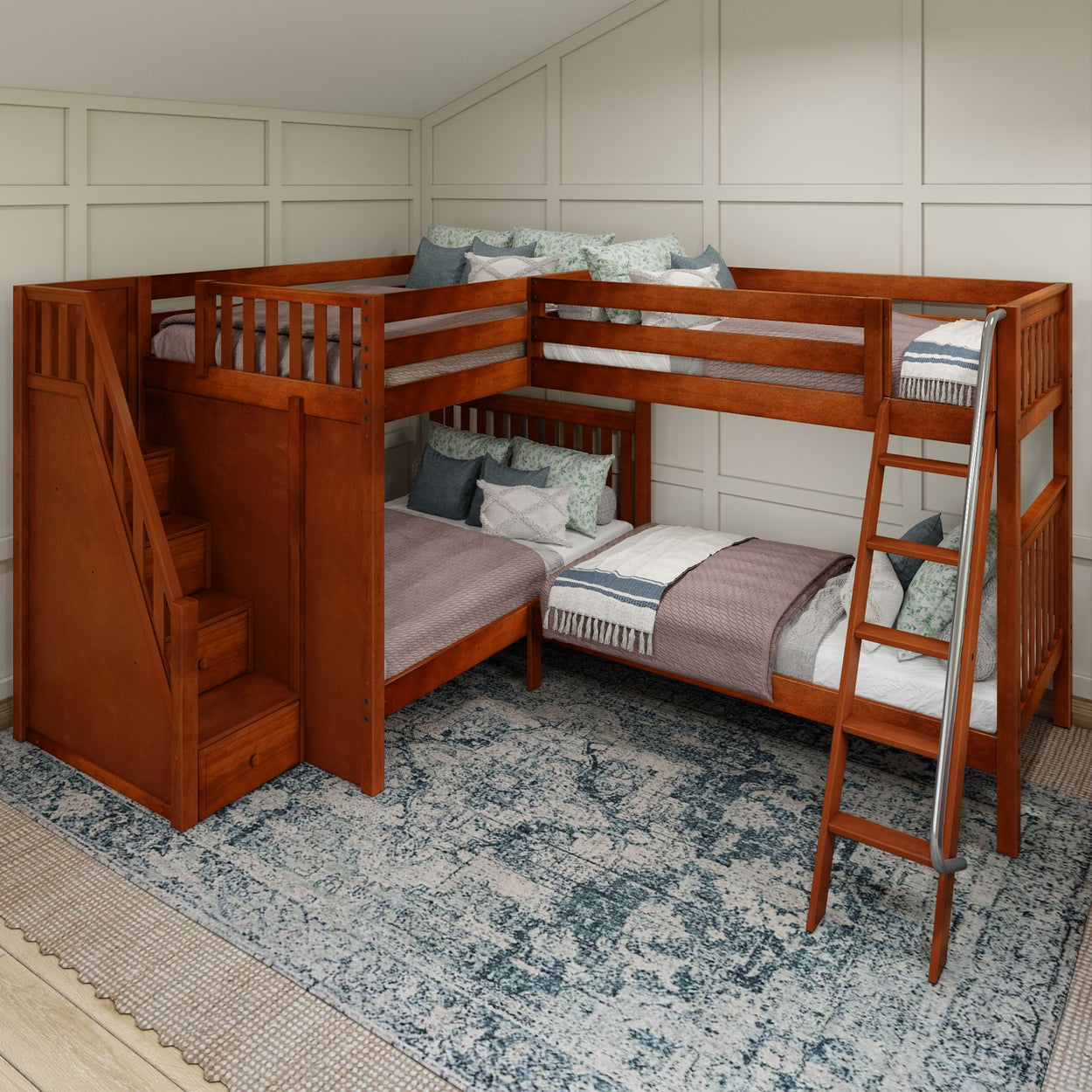 L-shaped wooden bunk bed with stairs in a modern bedroom.