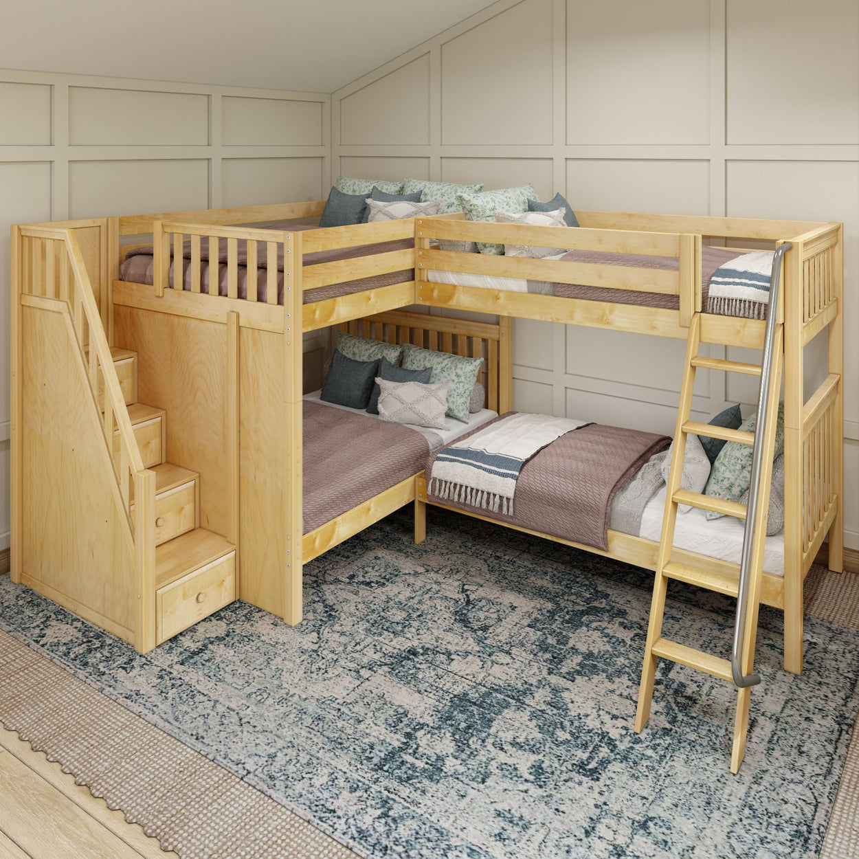 Four-bunk wooden L-shaped bed with stairs and ladder in a stylish bedroom setting.