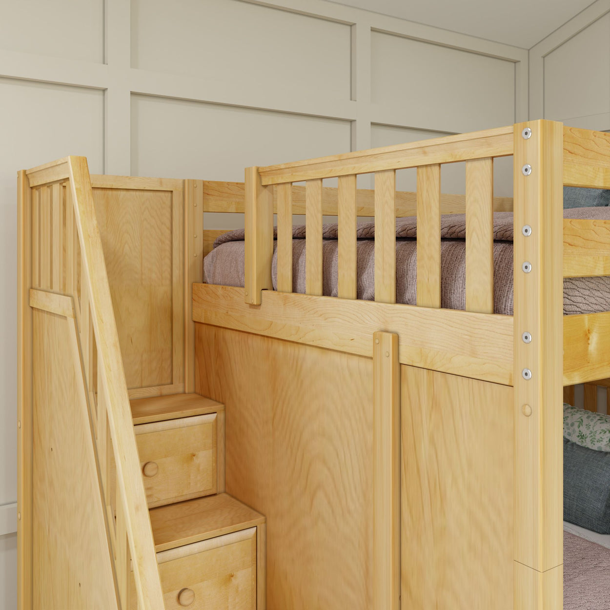 Wooden bunk bed with stairs and built-in drawers in a modern bedroom setting.
