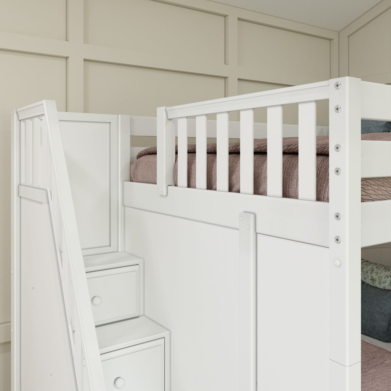 White wooden bunk bed with built-in storage stairs in modern bedroom.