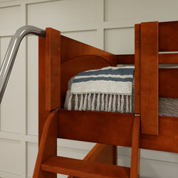 Wooden bunk bed with ladder and cozy striped blanket in modern bedroom setting.