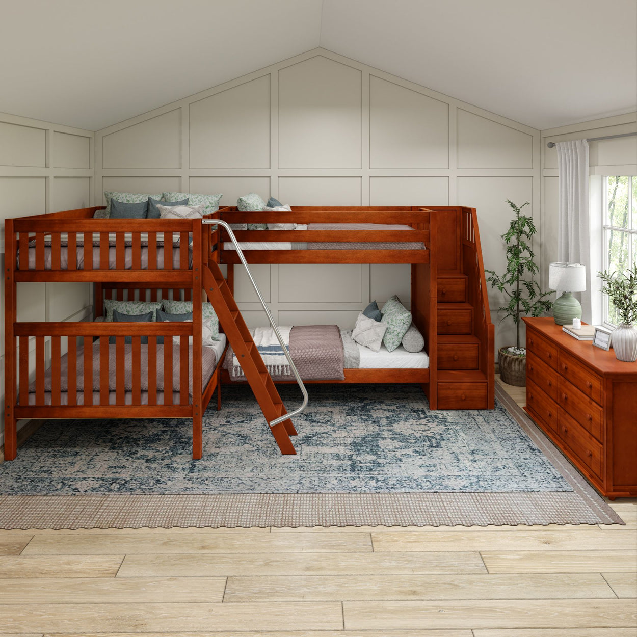 Rustic wooden triple bunk bed in a cozy bedroom with natural light and modern decor.
