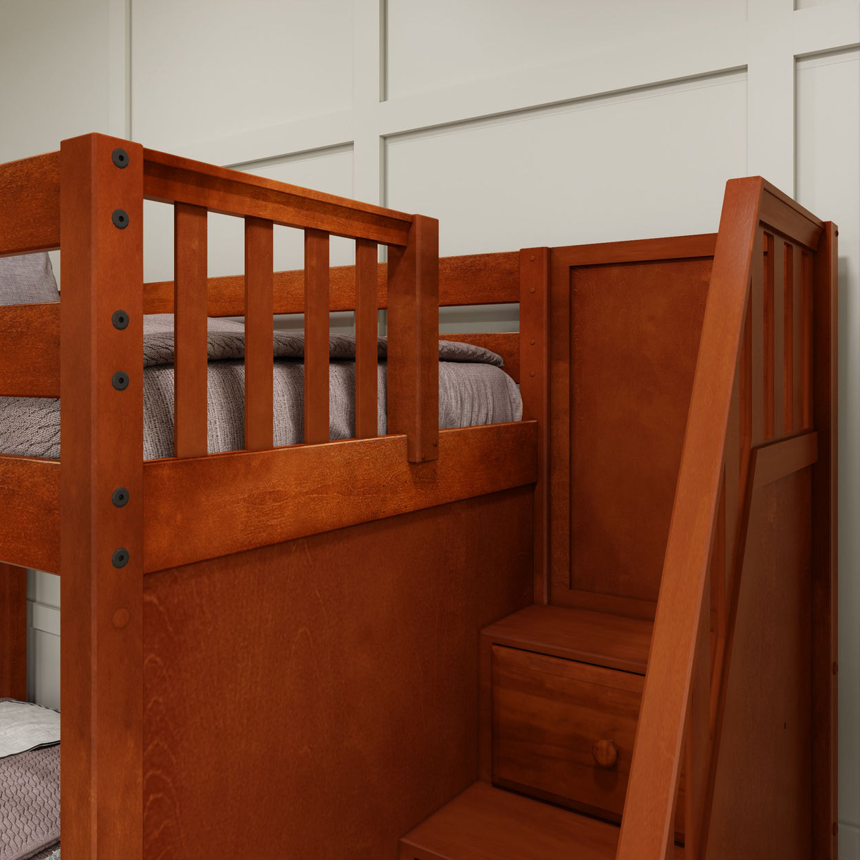 Wooden loft bed with built-in storage stairs and safety railing in modern bedroom setting.