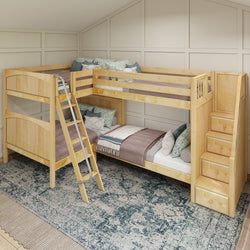 Wooden L-shaped bunk bed with ladder and stairs in cozy bedroom setting.