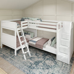 White wooden L-shaped bunk bed with ladder and storage drawers, set in a cozy bedroom with patterned blue rug.