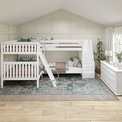 Modern kids' bedroom with white triple bunk bed, ladder, and cozy decor.