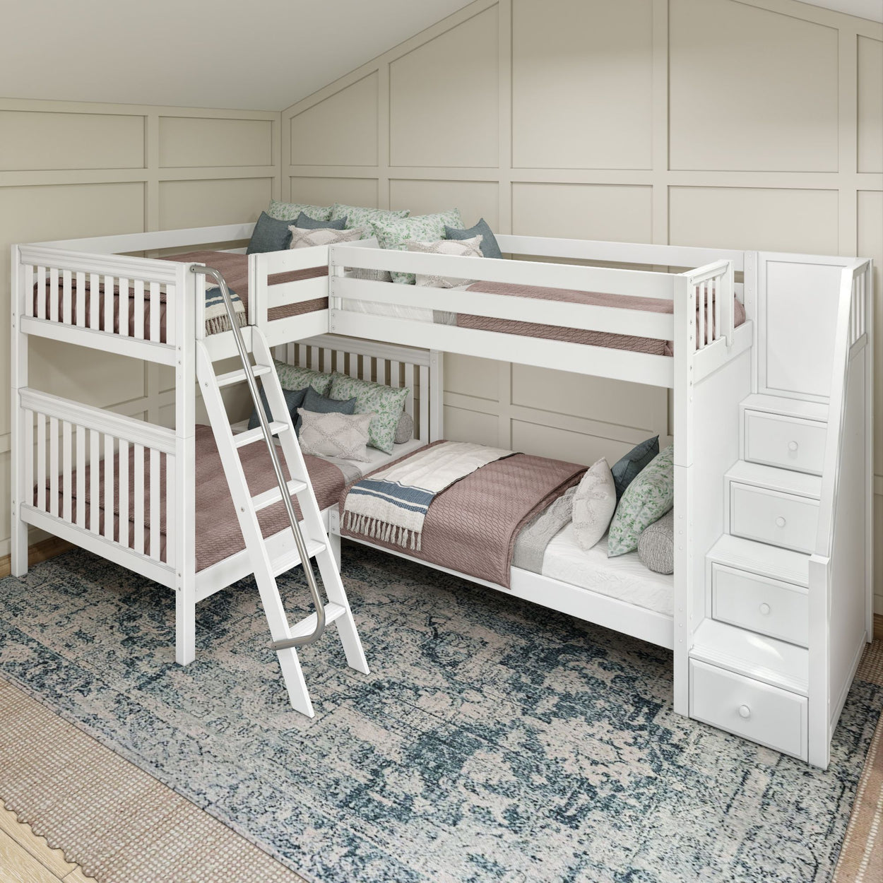 White L-shaped bunk bed with ladder and drawers, featuring a modern design in a cozy bedroom setting with a patterned blue rug.